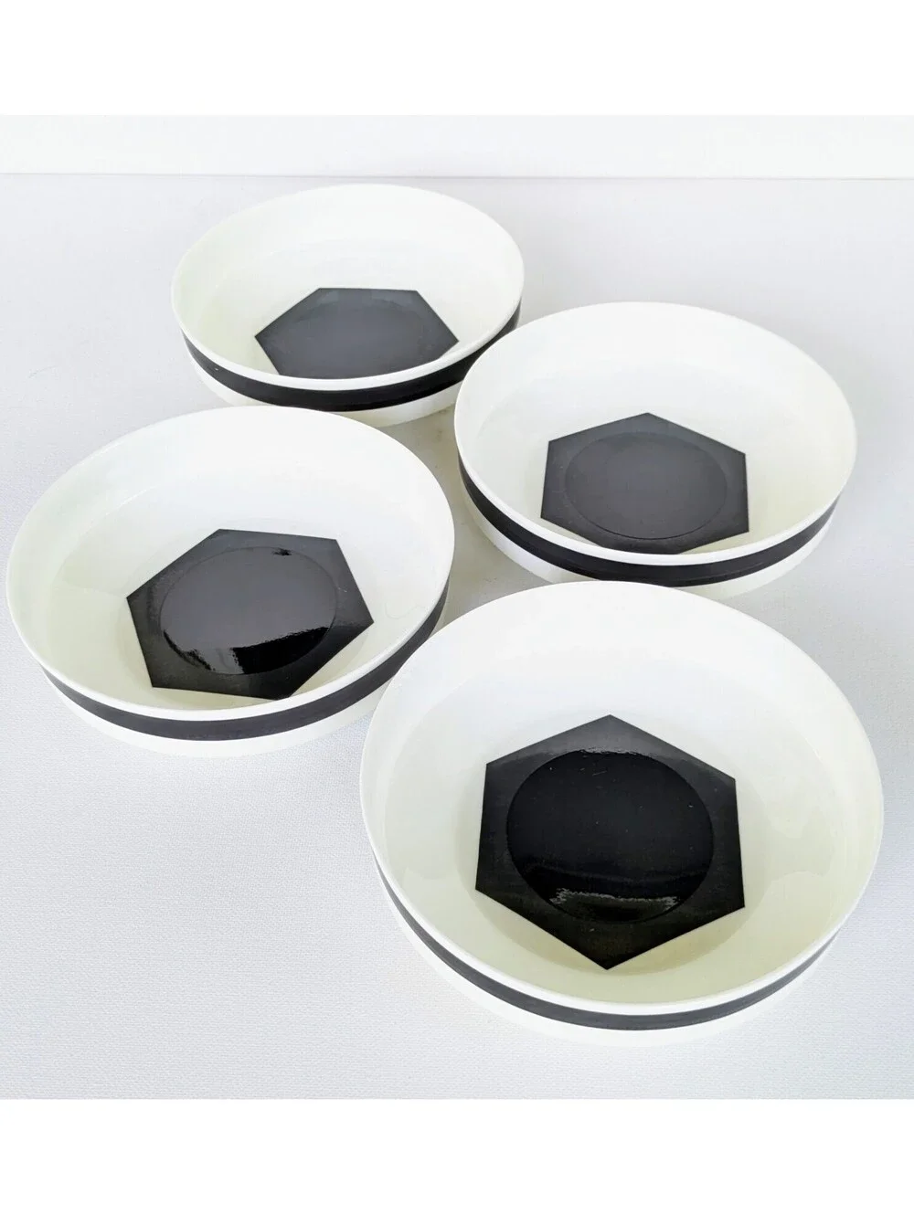 True Vintage Black & White Geometric Bone China Bowls, Mikasa Bakota, late 1970s